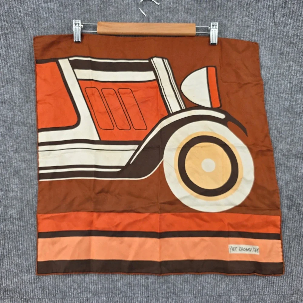 Yves Vacarisas Vintage Silk Scarf Brown Orange Graphic Classic Car Art Square